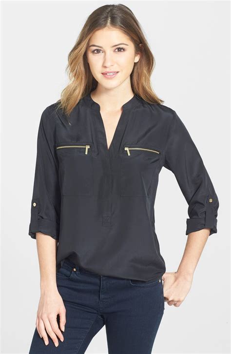 michael kors blouse gold studs on pocket|Michael Kors knitted tops.